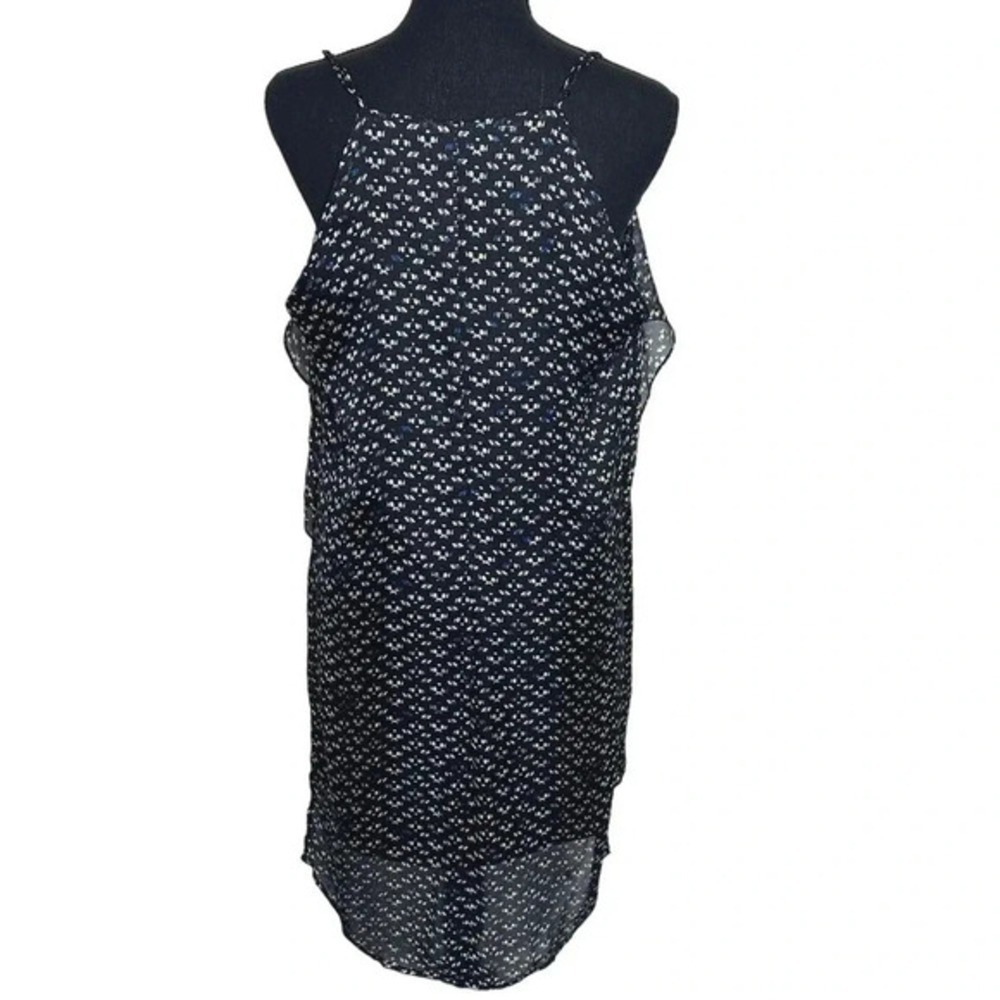 BCBGeneration Shift Dress L Black Floral Layered Ruffle Halter Mini - Picture 3 of 8